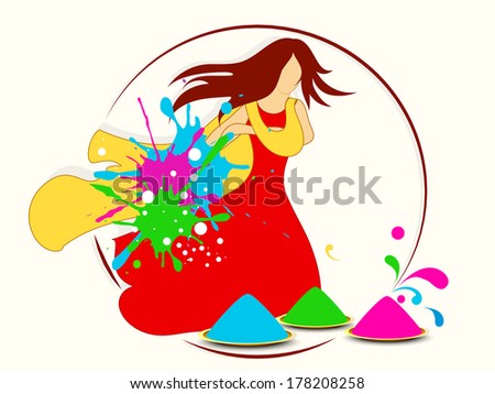 Indian festival  Happy Holi celebrations concept with illustration of a young lady in tradition outfits playing colours on beautiful abstract background.