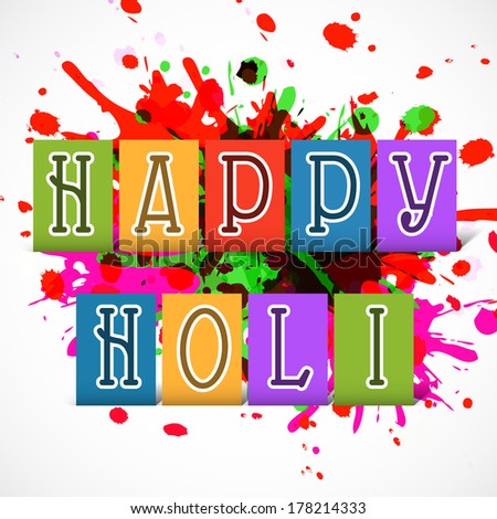 Stylish text Happy Holi on colours splash background, concept for Indian colours festival.