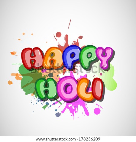 Indian festival Happy Holi celebrations concept with stylish glossy text on colours splash grey background.