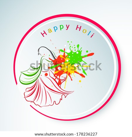 Indian festival Happy Holi celebrations sticker, tag or label with illustration of a young lady in traditional outfits on colours splash background.