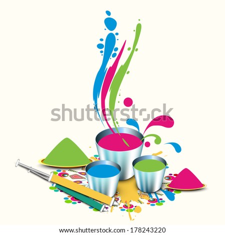Indian festival Happy Holi celebrations concept with powder and liquid colours in bucket, pichkari on splash background.