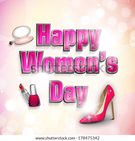 Happy Women's Day celebrations background with red lady shoe and cosmetics on shiny abstract background.