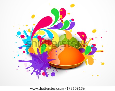 Indian colour festival Happy Holi celebrations concept with shiny orange colour on colourful floral decorated background.