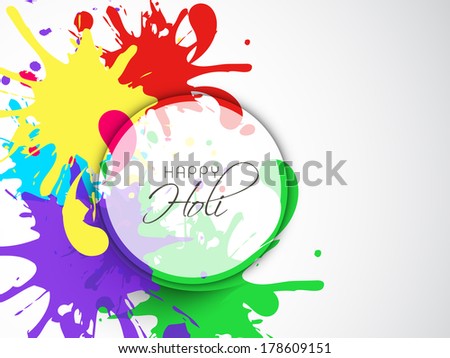 Indian festival Happy Holi celebrations concept with colours splash and stylish text, can be use as sticker, tag or label.