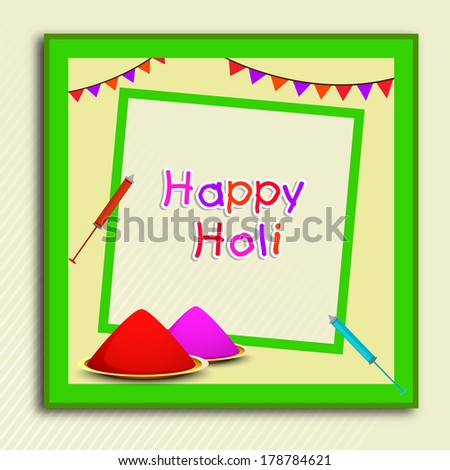 Indian festival Happy Holi celebrations concept with beautiful colours in a green frame on abstract background.