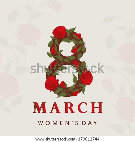 International Happy Women\'s Day celebration concept with floral decorated text 8th March on seamless abstract background.