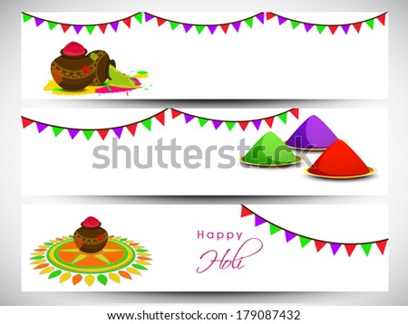 Beautiful header or banner set design with shiny colours in traditional mud pots on grey background.