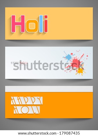 Beautiful header or banner set design with stylish text on yellow and colours splash background.