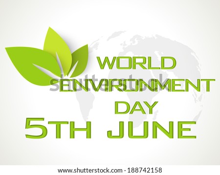 Stylish text World Environment Day in green color with green leaves on world map background.