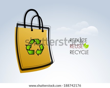 World Environment Day concept with recycle symbol with text Reduce, Reuse and Recycle and shopping bag on grey background.