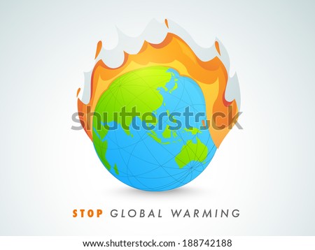 World Environment Day concept with mother earth globe in fire with text Stop Global Warning on grey background.