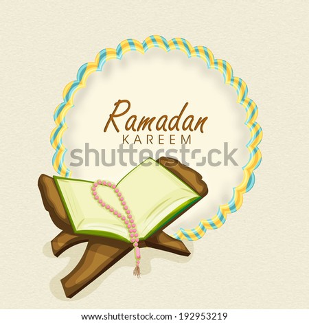 Open islamic holy book Quran Shareef with prayer beads and stylish text Ramadan Mubarak .