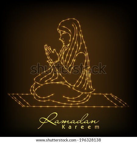 Golden lines illustration of young muslim girl praying on shiny brown background for holy month of muslim community Ramadan Kareem.