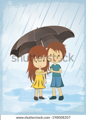 Beautiful flyer or template design with cute little kids standing under the umbrella in rainy day.