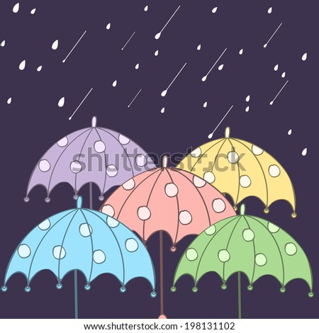 Colorful umbrellas in the rain night background, concept for Happy Monsoon Season.