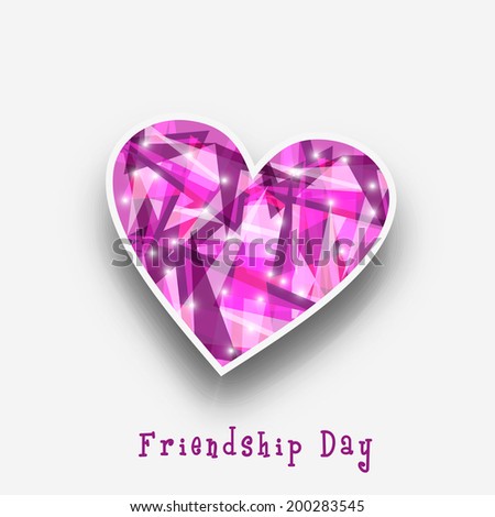 Shiny pink heart shape sticky on grey background for Happy Friendship Day celebrations.