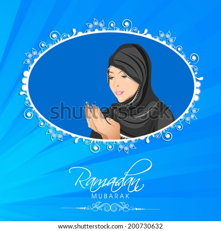 Illustration of a Muslim girl in traditional clothes praying on shiny blue background for holy month of Muslim community Ramadan Kareem.