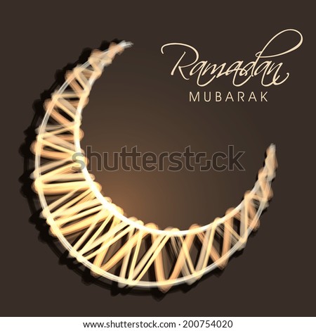 Shiny golden crescent moon on brown background for holy month of Muslim community Ramadan Mubarak.