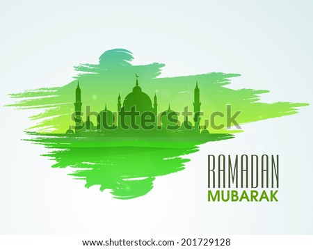Green silhouette of mosque on green and blue background for holy month of Muslim community celebrations Ramadan Mubarak Green silhouette of mosque on green and blue background for holy month of Muslim community celebrations Ramadan Mubarak