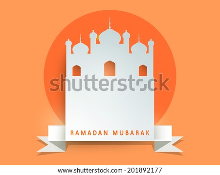 Stylish grey paper mosque on orange background for holy month of muslim community Ramadan Mubarak celebrations.