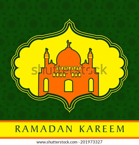 Stylish mosque in orange colour on stylish yellow and green background for holy month of Muslim community Ramadan Kareem.