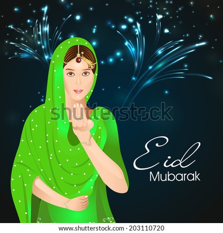 Beautiful muslim young woman saying salam in fireworks night for the celebrations of Muslim community festival Eid Mubarak.