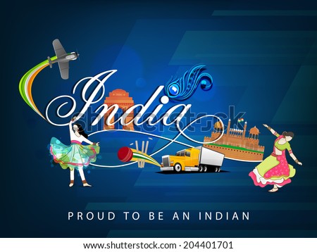 Cultural view of Republic of India with famous monuments traditional dance and transportation and sports on floral decorated blue background Cultural view of Republic of India with famous monuments traditional dance and transportation and sports on floral decorated blue background