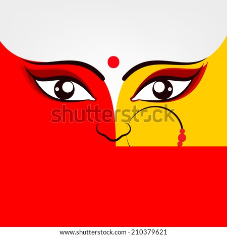 Illustration of Goddess Durga in two bright colours red and golden with big beautiful eyes wearing a nose ring with three red pearls on a simple white background Illustration of Goddess Durga in two bright colours red and golden with big beautiful eyes wearing a nose ring with three red pearls on a simple white background