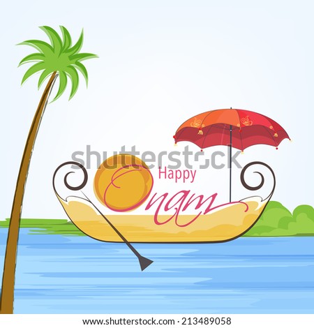 Illustration of south indian snake boat taking an umberella and sun style decoreted text of happy onam and tree on light blue and white background Illustration of south indian snake boat taking an umberella and sun style decoreted text of happy onam and tree on light blue and white background