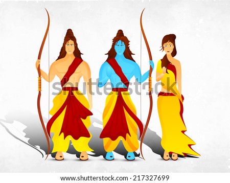Hindu mythological Lord Rama with his wife Sita and brother Laxman in traditional clothes giving blessings on grey background Hindu mythological Lord Rama with his wife Sita and brother Laxman in traditional clothes giving blessings on grey background
