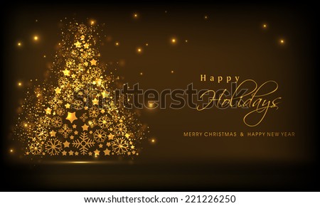 Beautiful golden Xmas tree on shiny brown background for Merry Christmas, New Year and Happy Holidays celebrations.