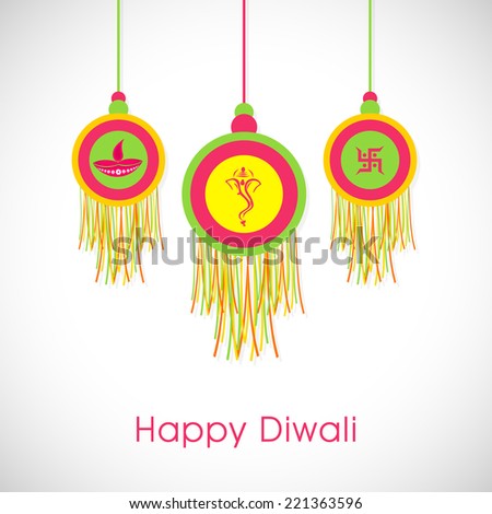 Deepawali celebration with stylish hanging and text of Happy Diwali on shiny white and light grey Deepawali celebration with stylish hanging and text of Happy Diwali on shiny white and light grey