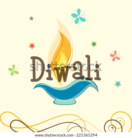 Stylish text of Diwali with illuminated oil lit lamp for Diwali celebration on floral decorated beige background Stylish text of Diwali with illuminated oil lit lamp for Diwali celebration on floral decorated beige background