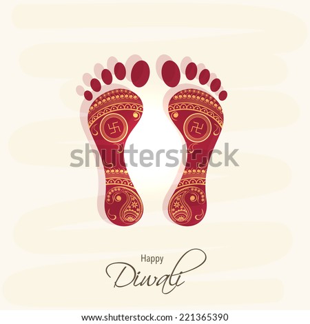 Hindu mythological Goddess Laxmi's footprint for blessing with stylish text of Diwali for Diwali celebration on grungy background Hindu mythological Goddess Laxmi's footprint for blessing with stylish text of Diwali for Diwali celebration on grungy background