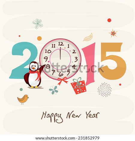 Kiddish greeting card decorated with penguin clock showing twelve o clock on abstract background for Happy New Year 2015 celebrations Kiddish greeting card decorated with penguin clock showing twelve o clock on abstract background for Happy New Year 2015 celebrations