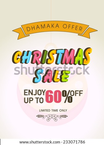 Merry Christmas sale poster with colorful text and yellow ribbon.