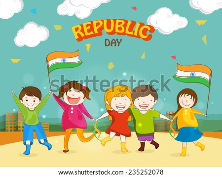 Cute little kids celebrating Happy Indian Republic Day with Indian National Flags on urban background Cute little kids celebrating Happy Indian Republic Day with Indian National Flags on urban background