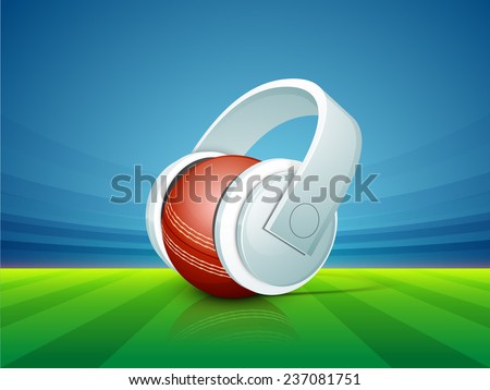 Red ball with headphone for sports of cricket concept on stadium background.