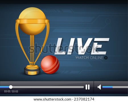Live cricket telecast video player window with trophy and ball for web.