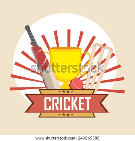 Cricket sports concept with bat, ball, wicket stumps and winning trophy on stylish background.