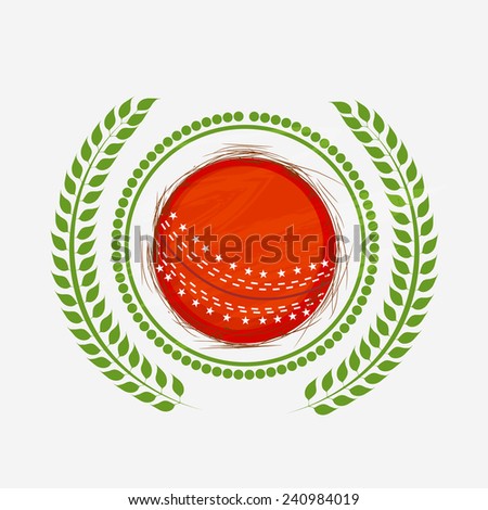 Cricket sports concept with red ball and laurel wreath on white background.