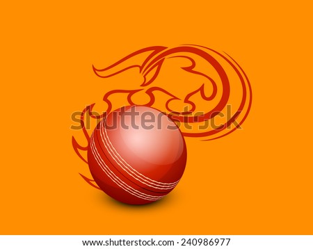 Cricket sports concept with shiny red ball in flame on yellow and orange background.