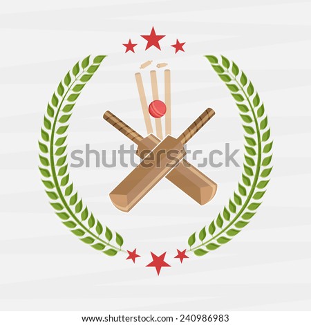 Cricket sports concept with red ball, bat, wicket stump and laurel wreath on white background.