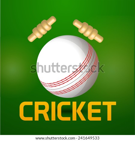 Cricket sports concept with ball and bails on shiny green background.
