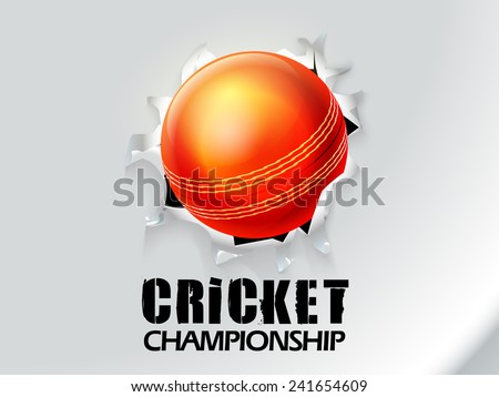 Cricket Championship concept with red ball coming out from torn paper on grey background.