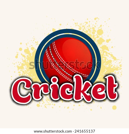 Red cricket ball with stylish text Cricket on color splash background.