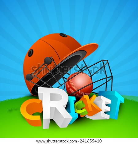 Colorful 3D text Cricket with sports helmet and red ball on rays background.