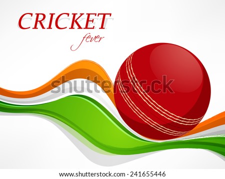 Cricket sports concept with red ball and Indian Flag color waves on white background.