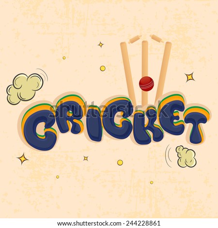 Kiddish text Cricket with red ball hitting wicket stumps on clouds decorated grungy background.