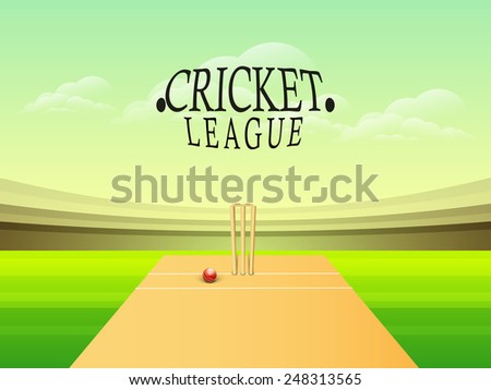 Glossy red ball with wicket stumps on stadium for Cricket League concept.